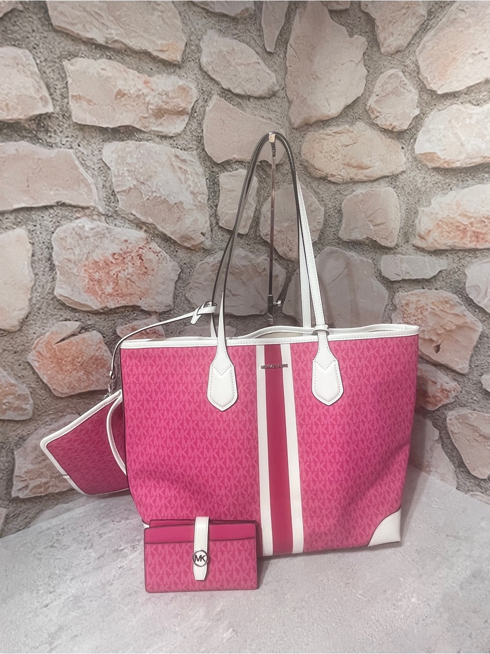 Michael Kors Eva Pink Logo Center Stripe Tote & Matching Wallet Dragonfruit